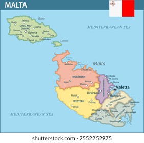 Malta Map Vector New 2024 Colorful - Customizable layered political map of Malta with administrative divisions for website, education, reports, news, politics, print, poster and wallpaper