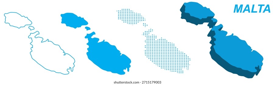 Malta Map Vektor Set, Europa Outline Silhouette gepunktete 3D Solid Shapes, Malta Land Infografik Vorlage, Bearbeitbare EPS Malta Geography