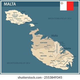 Malta Map Vector Vintage Dark Blue Beige - Customizable layered political map of Malta with administrative divisions for website, education, reports, news, politics, print, poster and wallpaper