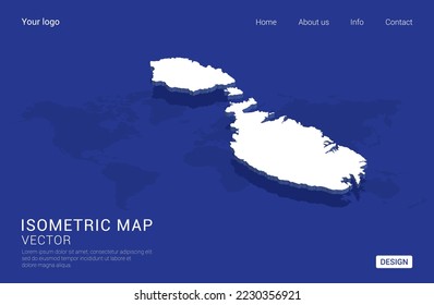 Mapa maltés blanco sobre fondo azul oscuro 3d ilustración vectorial isométrica.