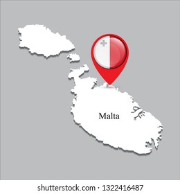 Malta map with white shadow and country name on the map. Check-in point with a national flag on a gray background.