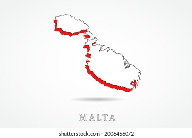Malta Map - Weltkarte, internationale Vektorvorlage mit rotem und umrissenem Grafikskizzenstil einzeln auf weißem Hintergrund - Vektorgrafik eps10