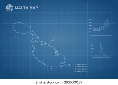 Malta Map - World Map International vector template with outline style and white color isolated on blueprint background - Vector illustration eps 10