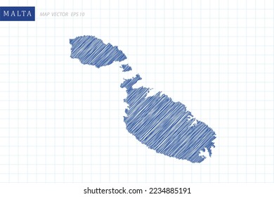 Malta Map - World Map International vector template with blue outline graphic and pen drawing sketch style isolated on white grid background for design, website - Vector illustration eps 10