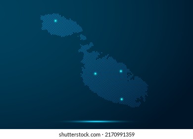 Mapa de Malta - Plantilla vectorial del Mapa Mundial con puntos, rejilla, grunge, estilo y luz de medio tono, línea de red, esfera de diseño sobre fondo de tecnología azul - Ilustración vectorial eps 10