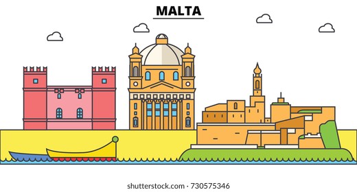 Malta, Mediterranean sea. City skyline, architecture, buildings, streets, silhouette, landscape, panorama, landmarks. Editable strokes. Flat design line vector illustration concept. Isolated icons set