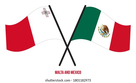 Banderas de Malta y México Cruzadas y ondeando estilo plano. Proporción oficial. Colores correctos.