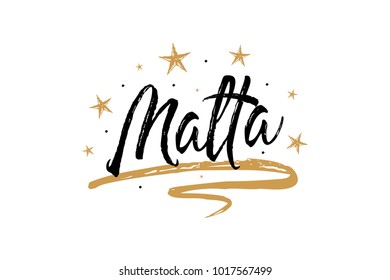 Malta. Name country word text card, banner script. Beautiful typography inscription greeting calligraphy poster black, gold ribbon, star. Handwritten design modern brush lettering isolated vector