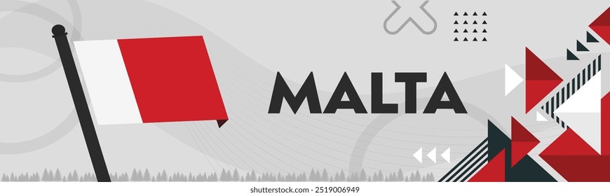 Anuncio del día nacional de Malta con fondo de la bandera maltesa y diseño moderno retro abstracto geométrico. Personas protestan o apoyan. Ilustración vectorial de La Valeta.