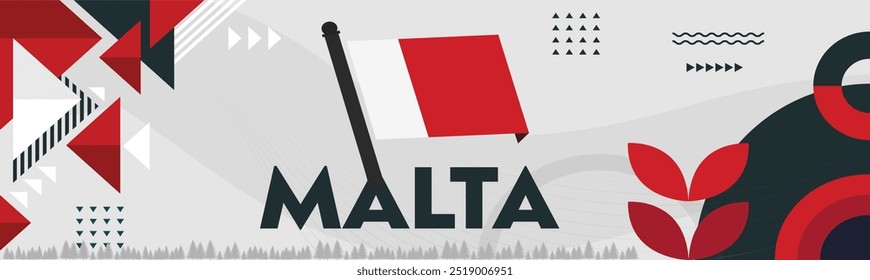 Anuncio del día nacional de Malta con fondo de la bandera maltesa y diseño moderno retro abstracto geométrico. Personas protestan o apoyan. Ilustración vectorial de La Valeta.