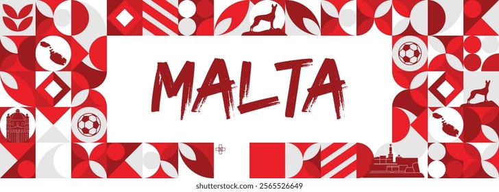 Malta national day banner with Maltese flag theme background and geometric abstract retro modern design