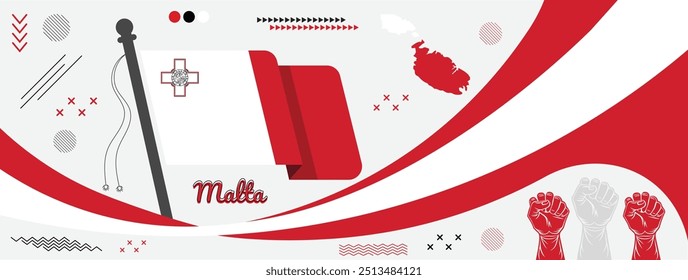 Día nacional de Malta celebrando el Anuncio, la bandera de Malta y el mapa con arte de la mano levantada, las Personas de Malta celebran el día de la independencia,	