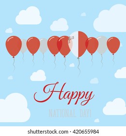 Malta National Day Flat Patriotic Poster. Row of Balloons in Colors of the Maltese flag. Happy National Day Malta Card with Flags, Balloons, Clouds and Sky.