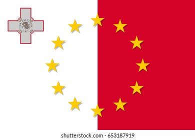 Malta national flag with a circle of European Union twelve gold stars, identity and unity with EU, member since 1 May 2004. Vector flat style illustration