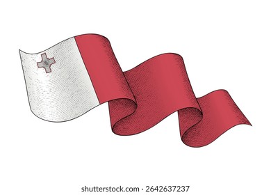 Malta national flag waving ribbon shape with engraved vintage texture