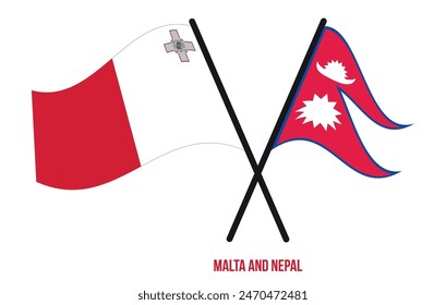 Malta and Nepal Flags Crossed And Waving Flat Style. Official Proportion. Correct Colors.