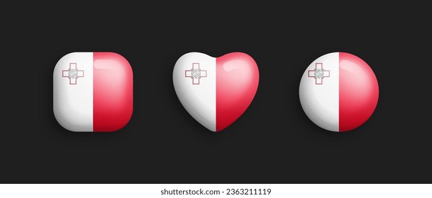 Malta Official National Flag 3D Vector Glossy Icons In Rounded Square, Heart And Circle Form Isolated On Background. Maltese Sign And Symbols Graphic Design Elements Volumetric Buttons Collection