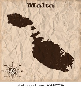 Malta old map with grunge and crumpled paper. Vector illustration