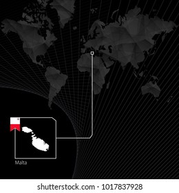 Malta on black World Map. Map and flag of Malta.