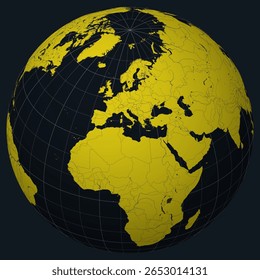 Malta on Globe. Country view on the world map in Charcoal Bright Yellow color palette. Malta shape on map. Globe with meridians, parallels, countries, rivers and lakes.