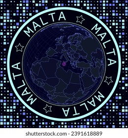 Malta on globe vector. Futuristic satellite view of the world centered to Malta. Geographical illustration with shape of country and squares background. Bright neon colors on dark background.