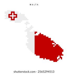 Malta pixel flag map icon. 8 bit pixel art Maltese map covered with flag. Flat vector illustration isolated on white background.