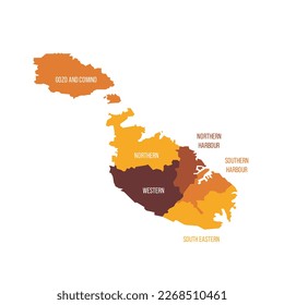 Malta political map of administrative divisions - regions. Flat vector map with name labels. Brown - orange color scheme.