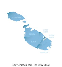 Malta mapa político de divisiones administrativas - regiones. Mapa de Vector sombreado con degradado azul en 3D y etiquetas de nombre