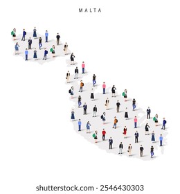 Malta population map. Large group of realistic a diverse crowd of people figures in a shape of Maltese map. Flat vector illustration isolated on white.