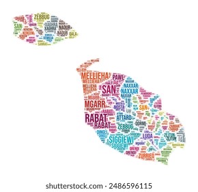 Malta region word cloud. Country shape design. Malta colored illustration. Region names collage cloud. Vector illustration.