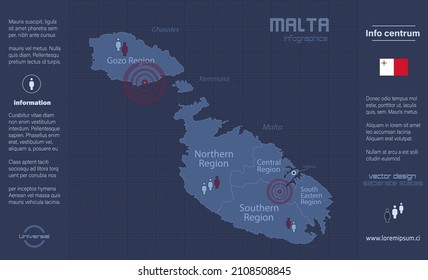 Malta regions map with names, infographics blue flat design vector