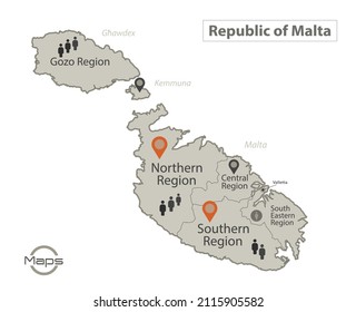 Malta regions map with names, Infographics and icons vector