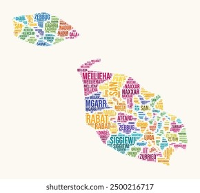 Nube de palabras de las regiones de Malta. Diseño del logotipo de Country. Regiones tipografía estilo Vector Imagen. Nube de texto coloreado de Malta. Una Ilustración vectorial increíble.