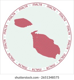 Malta round logo design. Country shape build of rings. Malta text around the country. Vector Illustration.