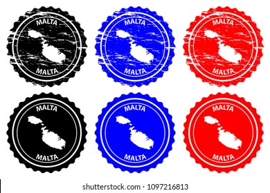Malta - rubber stamp - vector, Republic of Malta map pattern - sticker - black, blue and red