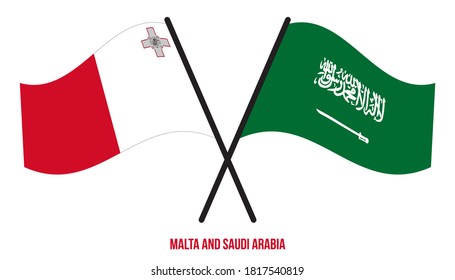 Malta and Saudi Arabia Flags Crossed And Waving Flat Style. Official Proportion. Correct Colors.