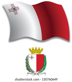 malta shadowed textured wavy flag and coat of arms against white background, vector art illustration, image contains transparency transparency