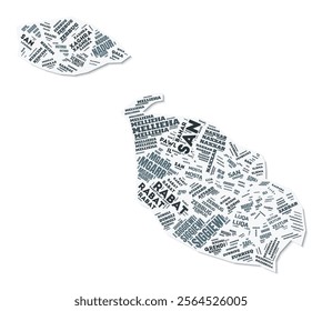 Malta shape text cloud. Country border with shadow on white background. Malta with regions division in vintage gazette style. Amazing vector illustration.