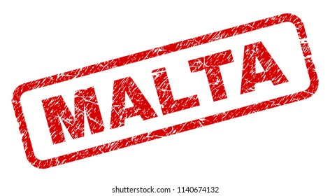 MALTA stamp seal print with scratced style. Red vector rubber print of MALTA text with grunge texture. Text caption is placed inside rounded rectangle frame.