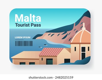 Malta tourist pass design featuring coastal landscape with buildings sea cliffs and dome