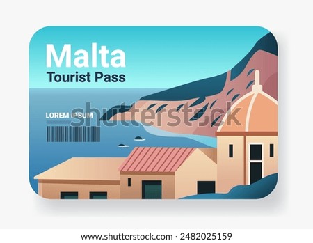 Malta tourist pass design featuring coastal landscape with buildings sea cliffs and dome