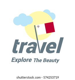 Malta Travel Country Flag Logo. Explore the The Beauty lettering with Sun and Clouds and creative waving flag. travel company logo design - vector illustration