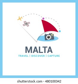 Malta Travel, Discover, Capture logo - Vector travel Photographer logo design - Country Flag Travel, Discover and Photgrapher Conceptual logotype - vector illustration