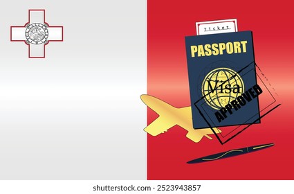 Malta Travel Documentation Concept with blue Passport and Malta Flag. Approved Stamp. Airplane and Traveling Tickets. Ideal for Immigration Tourism and Traveling Themes. Vector EPS available