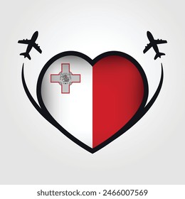 Malta Travel Heart Flag With Airplane Icons