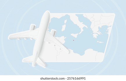 Malta Travel Illustration with Plane and National Flag. Ideal for travel agencies, promotional materials, or geographic content related to Malta.