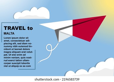 Malta travel vector banner with paper flag and text space, Malta country flag on paper plane, holiday and vacation concept, summer travel template and pattern, flight ticket idea