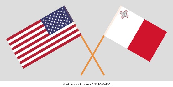Malta and USA. The Maltese and United States of America flags. Official colors. Correct proportion. Vector illustration
