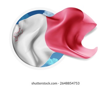Malta, vector 3d flag against a blue sky, through a round hole on a white background