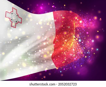Malta, vector 3d flag on pink purple background with lighting and flares